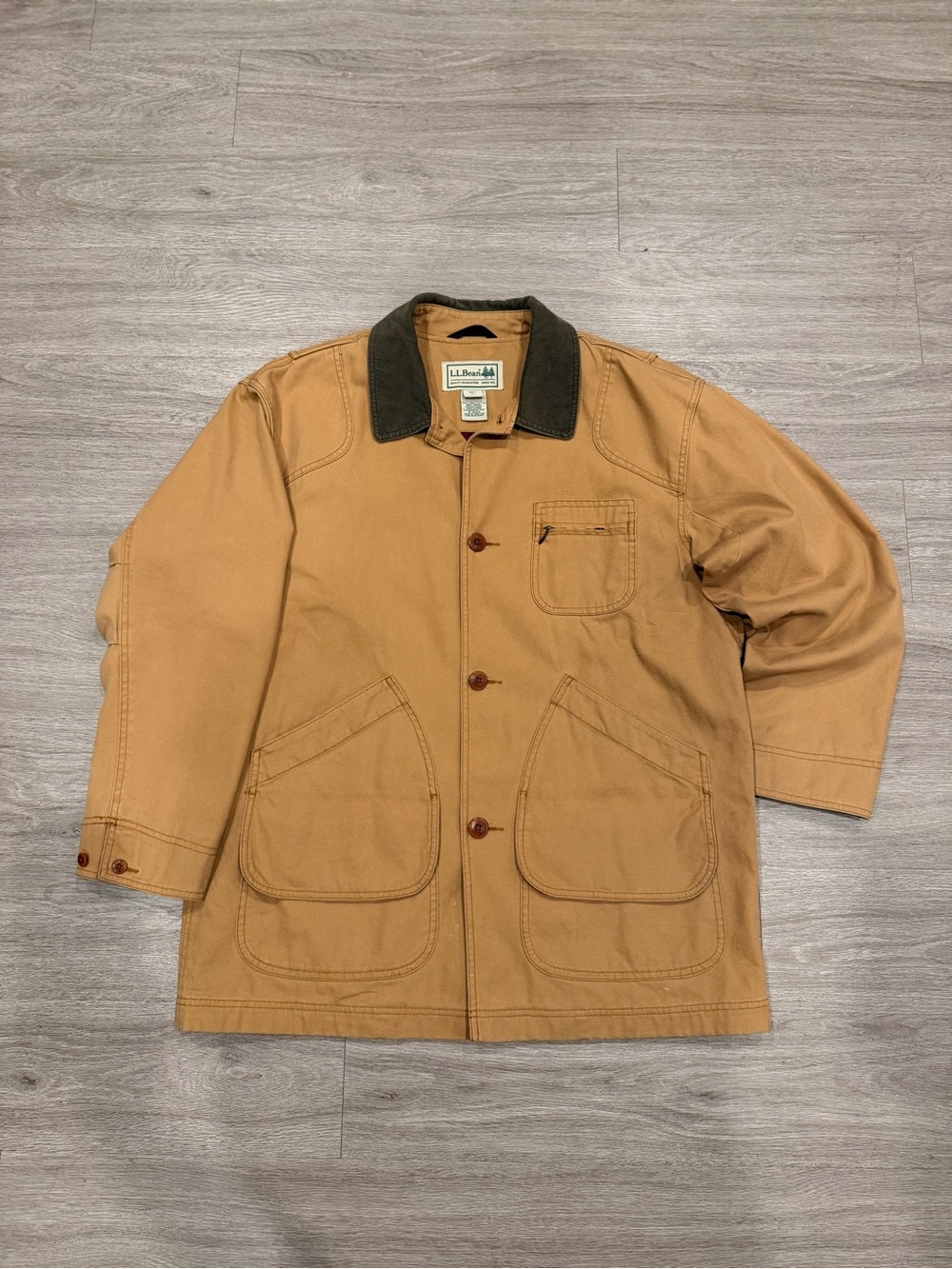 Vintage L.L. Bean Tan Canvas Work Jacket with Dark Corduroy Collar